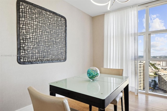 dining room featuring a water view and wood-type flooring