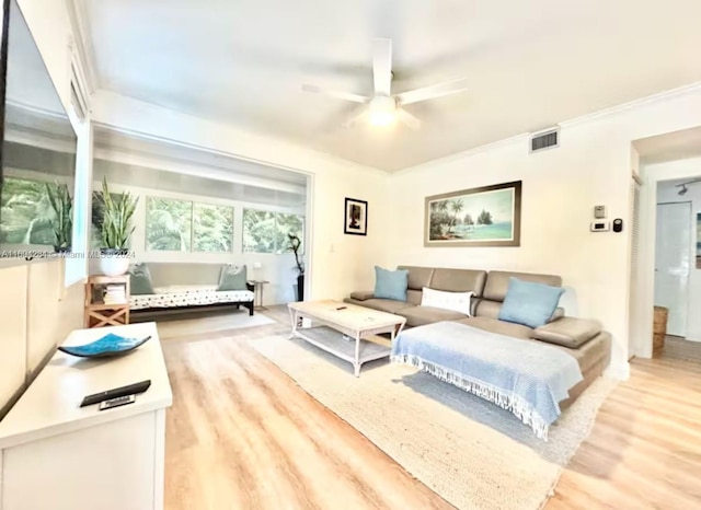 living room with light hardwood / wood-style flooring, ceiling fan, and ornamental molding