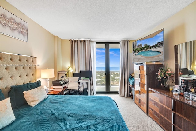 bedroom featuring access to outside, floor to ceiling windows, a textured ceiling, and carpet