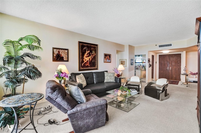 carpeted living room featuring a textured ceiling