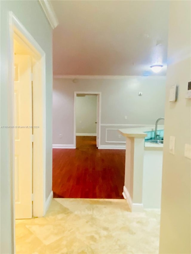 hallway featuring sink, wood-type flooring, and ornamental molding