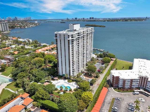 birds eye view of property featuring a water view