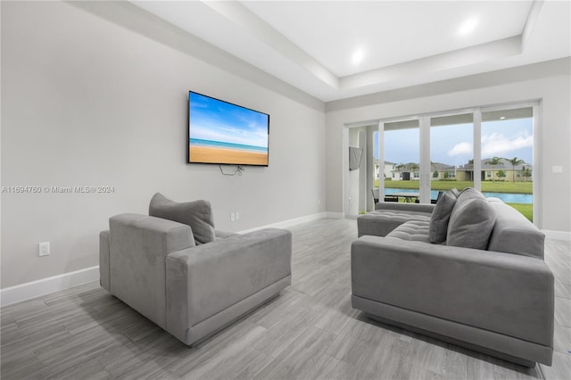 living room featuring light hardwood / wood-style floors and a raised ceiling