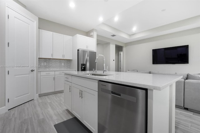 kitchen with white cabinetry, sink, a kitchen island with sink, and appliances with stainless steel finishes