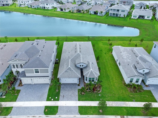 drone / aerial view with a water view