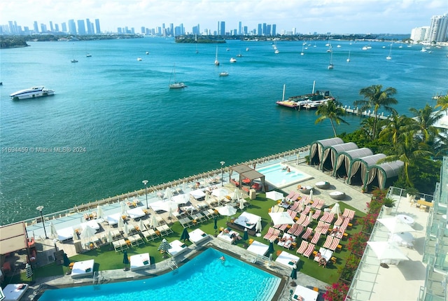 aerial view with a water view