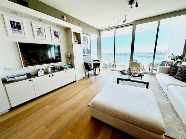 living room featuring light hardwood / wood-style floors, a wall of windows, and a water view