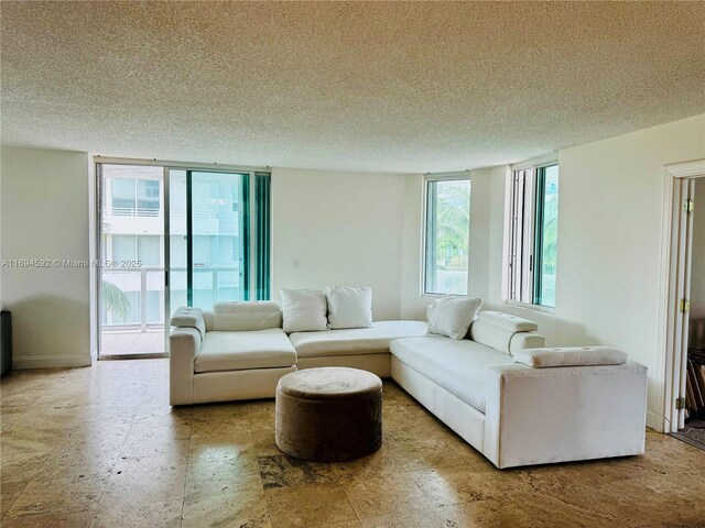 living room featuring a textured ceiling