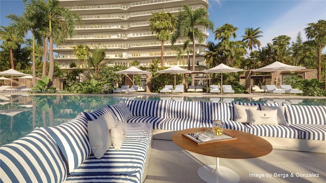 view of swimming pool with an outdoor hangout area and a patio