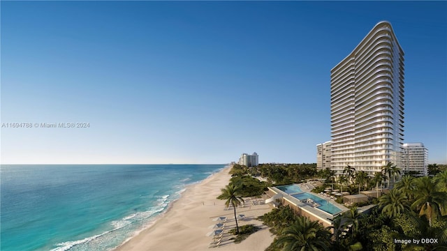 view of water feature with a beach view