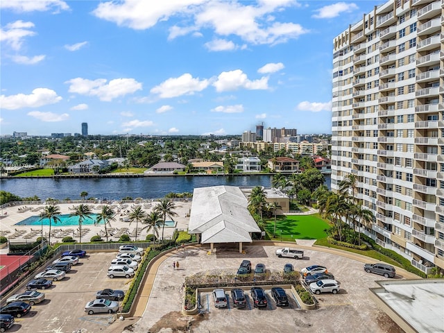 bird's eye view with a water view