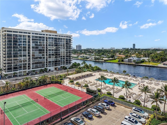 birds eye view of property featuring a water view