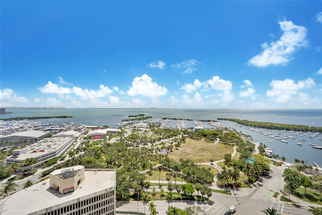 drone / aerial view with a water view