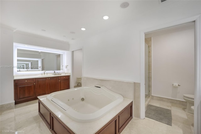 full bathroom with tile patterned flooring, vanity, toilet, and plus walk in shower