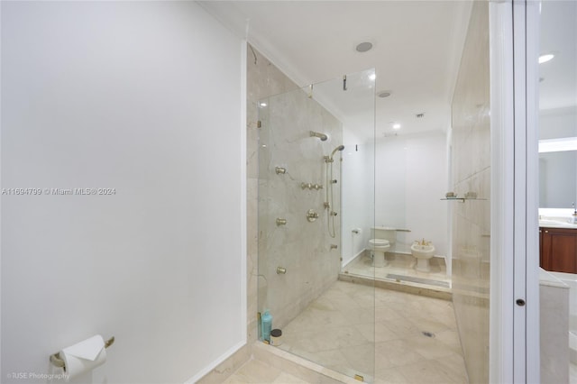 bathroom with walk in shower, toilet, and a bidet