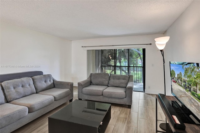 living room with a textured ceiling and light wood-type flooring