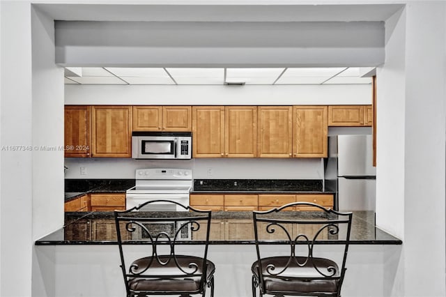 kitchen featuring a breakfast bar, stainless steel appliances, and dark stone counters