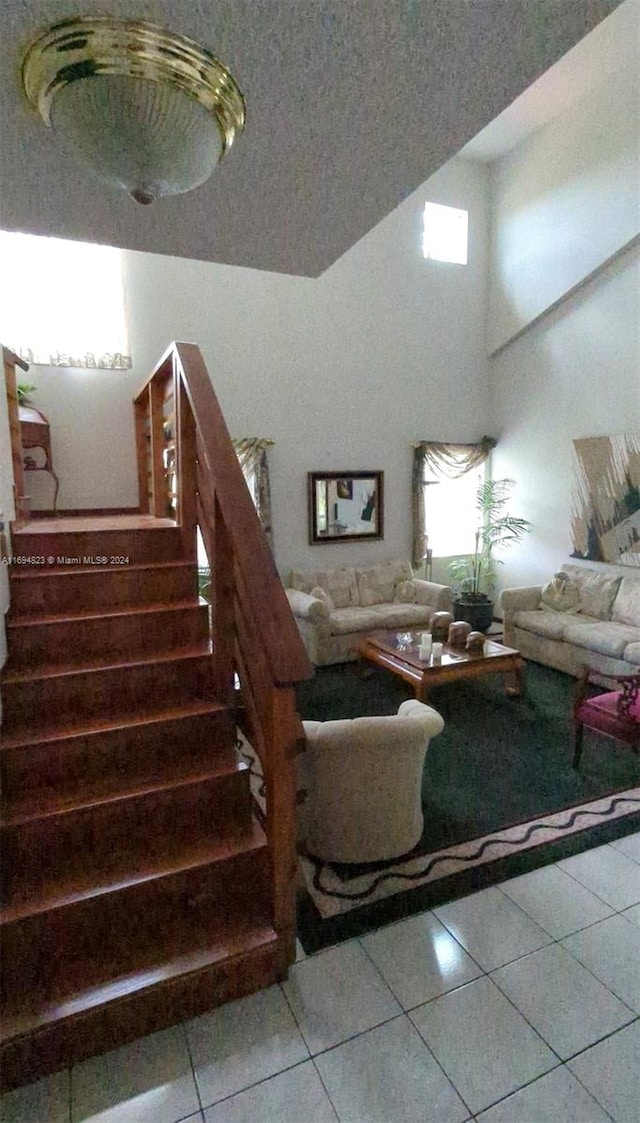 living room featuring tile patterned flooring