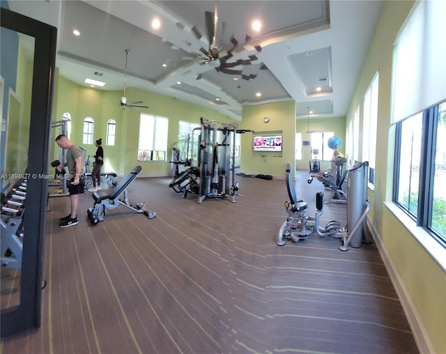 workout area featuring carpet flooring, a tray ceiling, a wealth of natural light, and ceiling fan