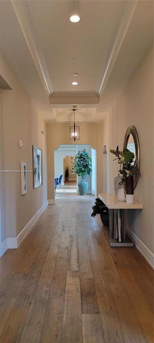 corridor featuring hardwood / wood-style flooring and a tray ceiling