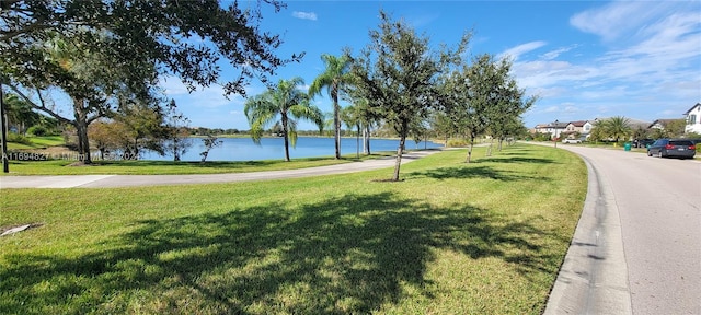 view of property's community featuring a yard and a water view