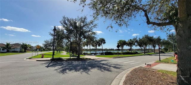 view of street featuring a water view