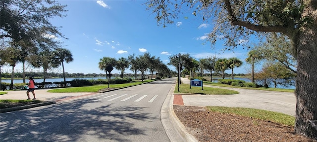 view of road with a water view