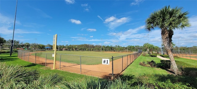 view of sport court with a lawn