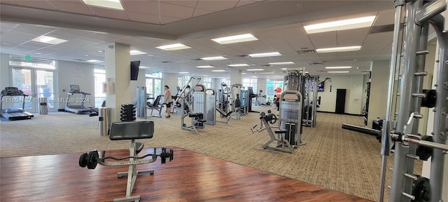 workout area featuring hardwood / wood-style flooring, plenty of natural light, and a paneled ceiling