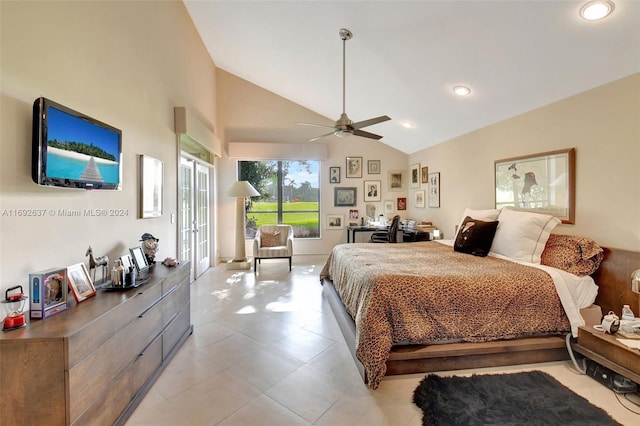 bedroom with ceiling fan and high vaulted ceiling