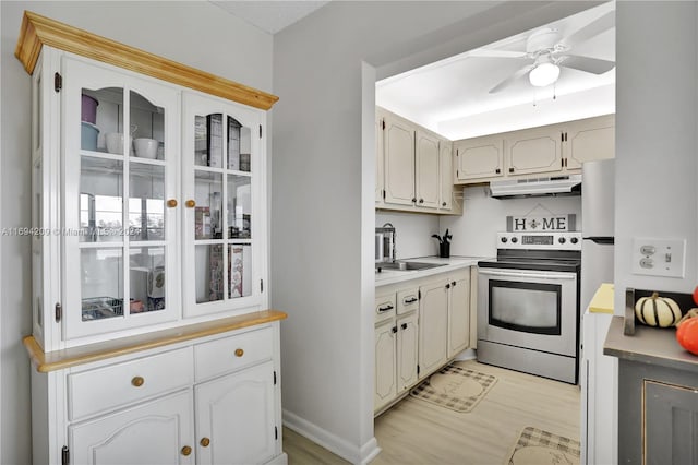 4107 E Cambridge E Unit 4107, Deerfield Beach, FL 33442 - kitchen with stainless steel electric range, under cabinet range hood, ceiling fan, light wood finished floors, and a sink