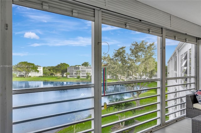 interior space with a water view