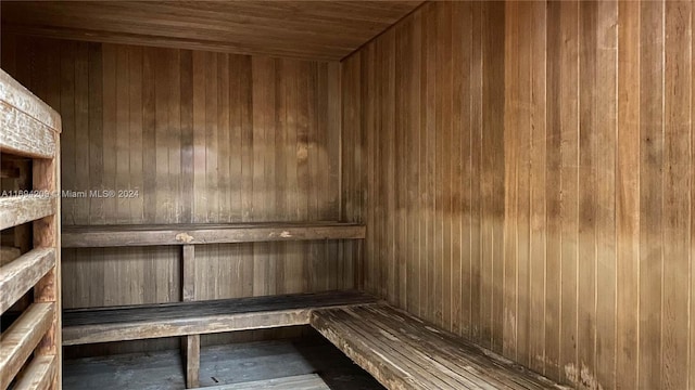 view of sauna / steam room with wooden walls and wooden ceiling