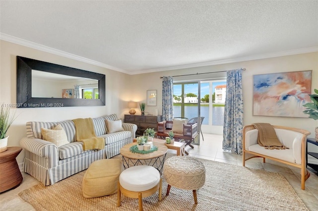 living room with a water view, light tile patterned floors, and crown molding