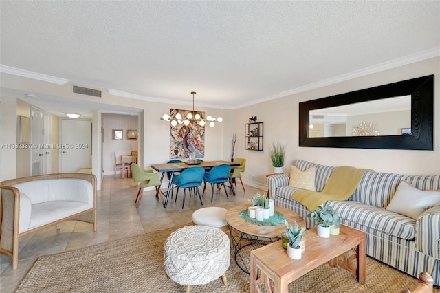 living room featuring a notable chandelier, light tile patterned floors, a textured ceiling, and ornamental molding