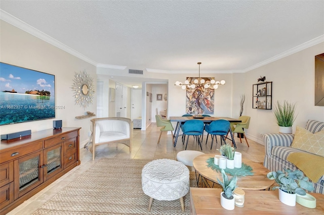 dining space with ornamental molding, light tile patterned floors, and an inviting chandelier