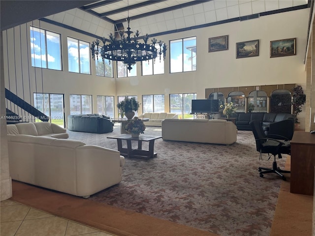 tiled living room featuring beamed ceiling, high vaulted ceiling, and a notable chandelier