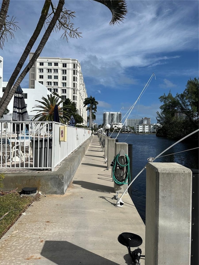 exterior space with a water view