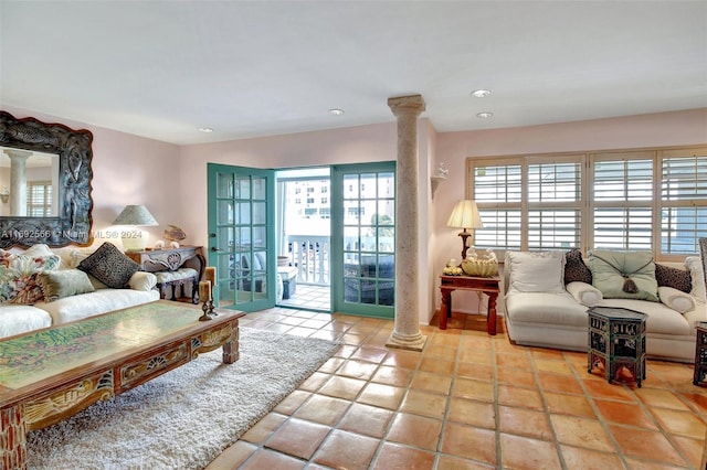 tiled living room with ornate columns