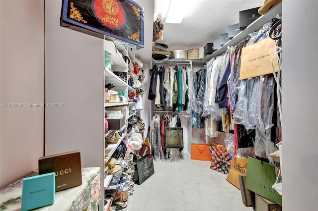 walk in closet featuring carpet flooring