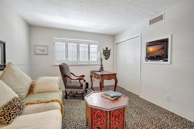 living room featuring carpet and a textured ceiling