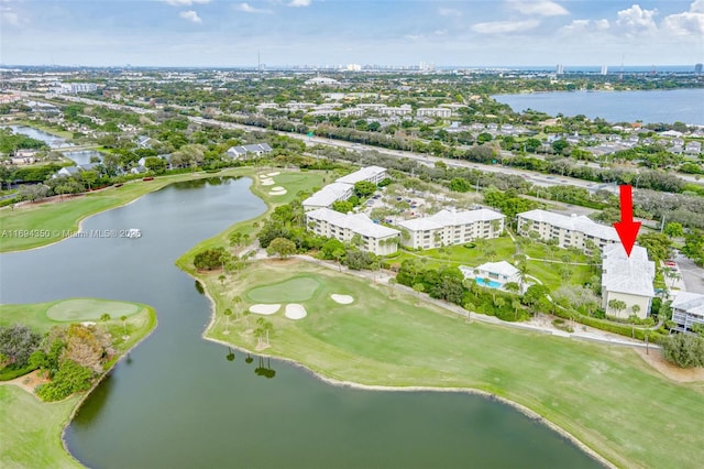 bird's eye view with a water view