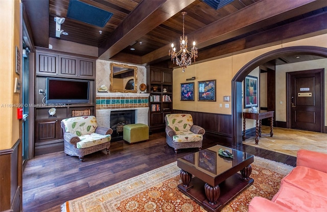 living room with a chandelier, beam ceiling, dark wood-type flooring, and wooden ceiling