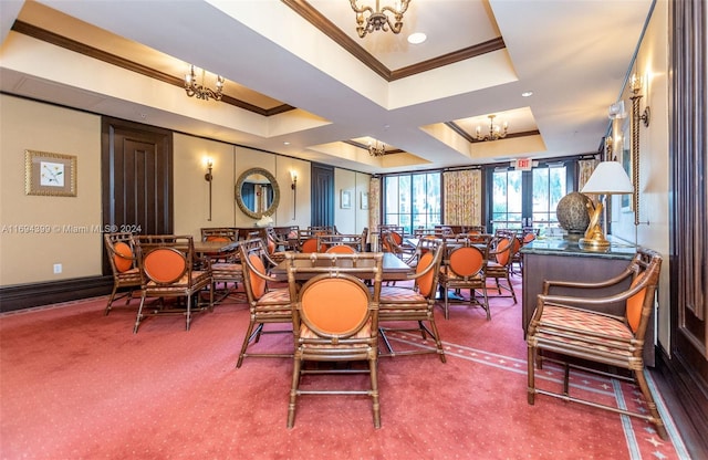 dining room with a tray ceiling, crown molding, carpet floors, and coffered ceiling