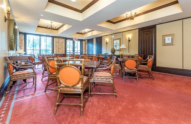 dining room featuring a raised ceiling, carpet floors, coffered ceiling, and ornamental molding