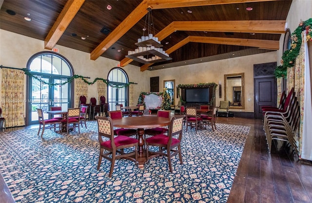 dining space featuring beam ceiling, dark hardwood / wood-style flooring, high vaulted ceiling, and wooden ceiling