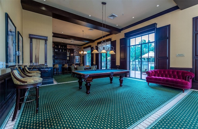 playroom featuring beam ceiling, carpet floors, crown molding, and billiards