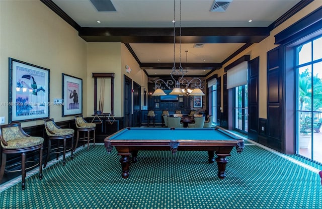 rec room with beamed ceiling, carpet, ornamental molding, and pool table