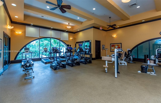 exercise room with a tray ceiling, ceiling fan, and a towering ceiling