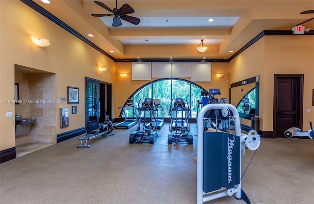 workout area featuring a raised ceiling, ceiling fan, crown molding, and a high ceiling